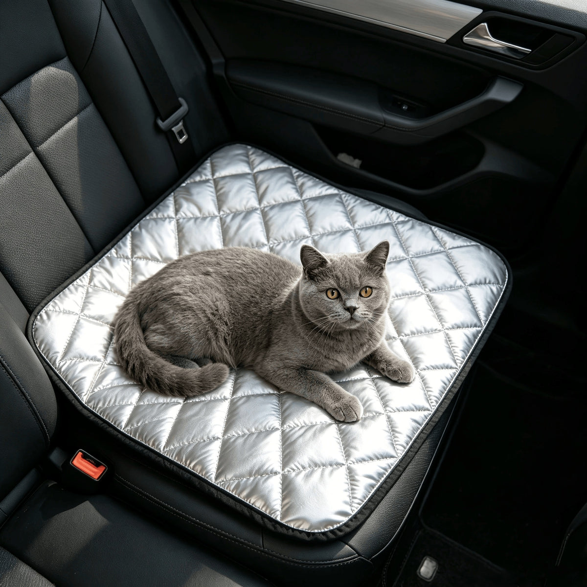 Silver quilted pet mat shown on a car seat with a cat